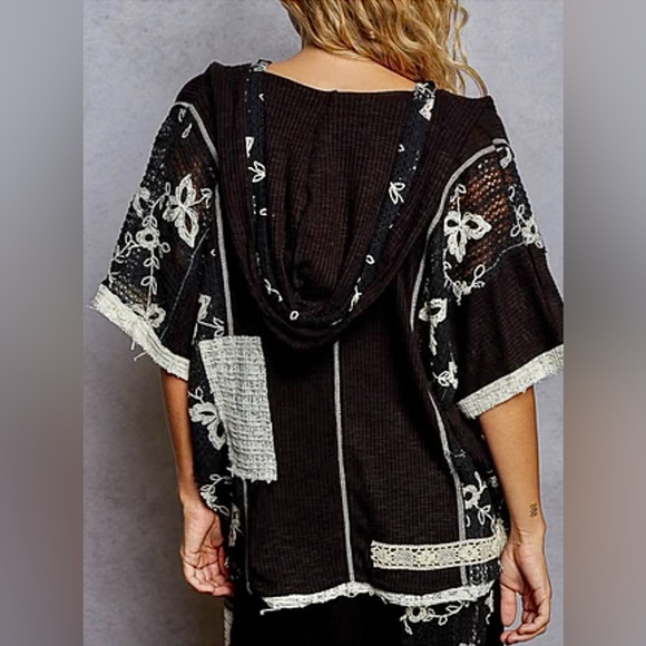 POL Mixed Lace Patchwork Hoodie Top Black Boho Oversized Size Small - Picture 2 of 12